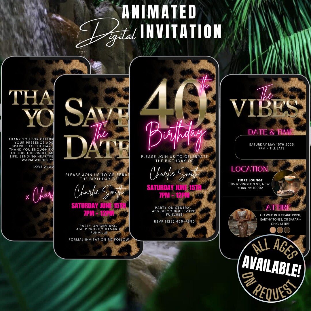Digital 40th Cheetah Birthday Invitation Itinerary With Thank You Card ...