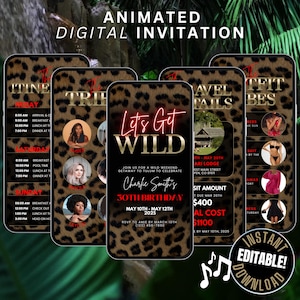 Digital Girls Weekend Trip Invitation Animated, Lets Get Wild Red Leopard Print Birthday Travel Itinerary Invite, Getaway Beach Vacation