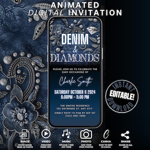 Digital Denim & Diamonds Invitation, Self Edit Animated Jeans and Bling Celebration Event, Denim Pearls Birthday Dinner Party Invite Video