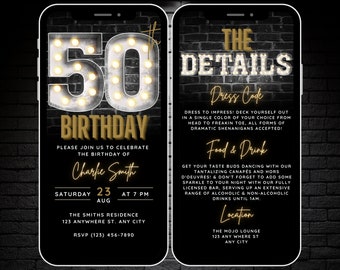 50th Birthday Invitation for Men, 50th Digital Invite Black Gold Invitation Canva Template, Fifty Bday Party Phone Invite & Details, Evite