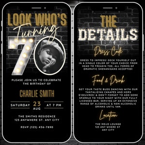 Invitación de cumpleaños número 70 para hombres con foto, mira quién cumple 70, plantilla de invitación digital editable para fiesta de cumpleaños número 70, Seventy Evite y detalles