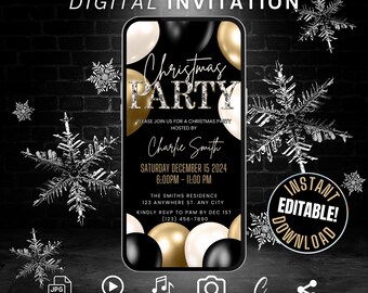 Sjabloon uitnodiging kerstfeest, zelf bewerken geanimeerde feestdag uitnodiging digitale, zwarte en gouden ballon Xmas Party Flyer Evite