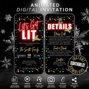 Animated Digital Lets Get Lit Christmas Party Invitation with Details, Editable Adult Christmas Drinks Flyer Invite Template, Xmas Evite