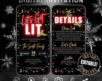 Animated Digital Lets Get Lit Christmas Party Invitation with Details, Editable Adult Christmas Drinks Flyer Invite Template, Xmas Evite