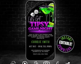 Digital Lets Get Tipsy Halloween Game Night Invitation for Adults, Halloween Party Game Night Invite Template, Animated Video Invite Flyer
