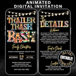 Może przedstawiać: Cyfrowe zaproszenie na świąteczną imprezę "Trailer Trash Bash". Zaproszenie ma czarne tło z neonowymi światełkami i świątecznym, kolorowym wzorem. Tekst zawiera datę, godzinę, miejsce i informacje o RSVP. Zaproszenie jest edytowalne i można je pobrać natychmiast.