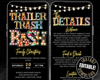 May include: A digital invitation for a "Trailer Trash Bash" Christmas party. The invitation features a black background with neon lights and a festive, colorful design. The text includes the date, time, location, and RSVP information. The invitation is editable and can be downloaded instantly.