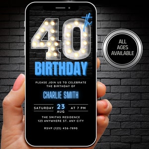 Faire-part 40e anniversaire numérique pour homme, carte électronique de 40 invitations, chapiteau électronique rustique, invitation de 40 fêtes pour homme bleu, modèle modifiable