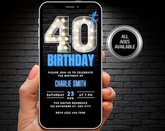 Digital 40th Birthday Invitation For Men, 40 Invite Ecard, Electronic Rustic Marquee BBQ Forty Party Invite For Man Blue, Editable Template