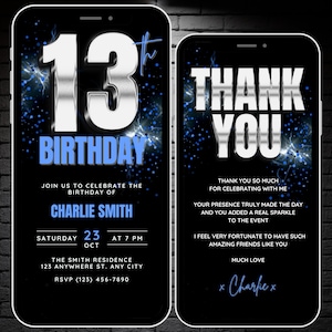 Modèle d'invitation vidéo animée pour la fête du 13e anniversaire des garçons, carte virtuelle numérique d'invitation pour 13 anniversaires de naissance et de remerciement