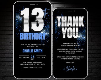 Animated Boys 13th Birthday Party Video Invitation Template, Self Edit 13 Birthday Invite Digital Thirteen Bday Invite & Thank You eCard