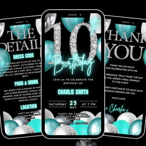 Modèle d'Invitation numérique pour filles 10e anniversaire, ballon bleu aqua argenté et invitation de diamant, Evite modifiable, itinéraire et carte électronique de remerciement