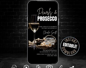 Puede incluir: Una invitación digital animada en blanco y negro para una fiesta de Perlas y Prosecco. La invitación presenta una copa de prosecco, un collar de perlas y el texto "Perlas y Prosecco". La invitación también incluye la fecha y la hora de la fiesta, la ubicación y la información de RSVP.