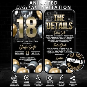 Animierte 18 Geburtstagseinladung Digital, bearbeitbar Silber Schwarz Gold 18. Geburtstagsfeier Video einladen mit Details Reiseplan Vorlage Evite