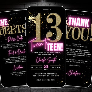 Modello di invito per il 13° compleanno di una ragazza, invito video digitale per il compleanno di una ragazza adolescente con dettagli e biglietto di ringraziamento, invito per 13 anni