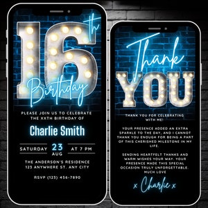 Digital 16th Birthday Invitation for Boys Girls, 16th Birthday Invite Editable Template, Teenager Invites Neon Blue 16 year old Phone Evite