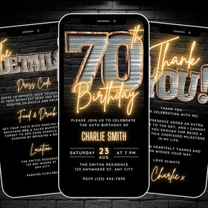 Invitación digital de 70 cumpleaños para hombres, 70 tarjetas electrónicas de invitación digital, invitación rústica a fiesta de barbacoa de setenta para él, plantilla de invitación editable de 70