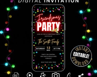 Friendsmas Flyer Invite Template, Digital Christmas Party Invitation, Friends Holiday Drinks Evite Fun Colorful Party Lets Get Lit Evite DIY