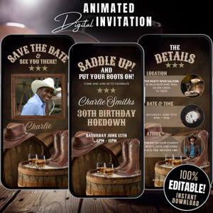 Invito animato per festa di compleanno Western Hoedown, invito "Salta in sella e mettiti gli stivali", invito Cowboy, modello Canva Rodeo digitale fai da te