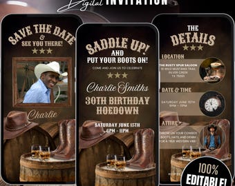 Invito animato per festa di compleanno Western Hoedown, invito "Salta in sella e mettiti gli stivali", invito Cowboy, modello Canva Rodeo digitale fai da te