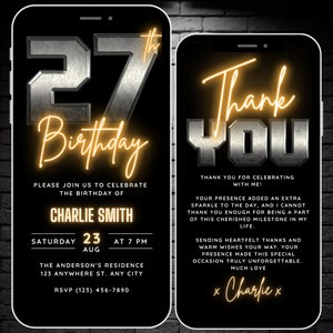 Digital 27th Birthday Invitation for Men 27 Invite Flyer, Rustic Metal 27 th Party Invite for Him, Editable Thank You eCard Canva Template