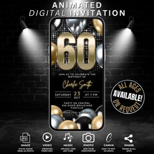 Digitale Einladung zur 60. Geburtstag animierte Canva Vorlage, personalisierte Silber Schwarz Gold 60 Geburtstagsfeier Video einladen