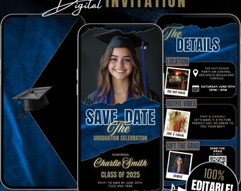 May include: Animated digital invitation for a graduation celebration. The invitation features a blue and gold color scheme with a photo of a graduate in a cap and gown. The text "Save the Date" is displayed in large, bold letters. The invitation also includes details about the location, date, and time of the event. The text "Honoring Charlie Smith Class of 2025" is also included.
