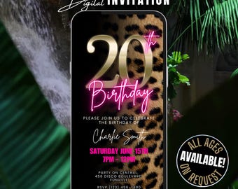 Digital 20th Cheetah Print Birthday Invitation Template, Editable Pink & Leopard Birthday Invitation 20 Animal Print Party Invite Animated