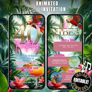 Könnte beinhalten: Eine animierte digitale Einladung zu einer 40. Geburtstagsfeier mit tropischem Thema. Die Einladung zeigt eine große goldene Zahl 40 mit dem Wort "Geburtstag" in pinkfarbenem Neon-Schriftzug. Der Hintergrund ist eine lebendige tropische Szene mit Palmen, Blumen und einem Papagei. Der Text auf der Einladung enthält das Datum, die Uhrzeit, den Ort und die Kleidung für die Party. Die Einladung enthält auch den Text "Sofort bearbeitbar! Herunterladen".