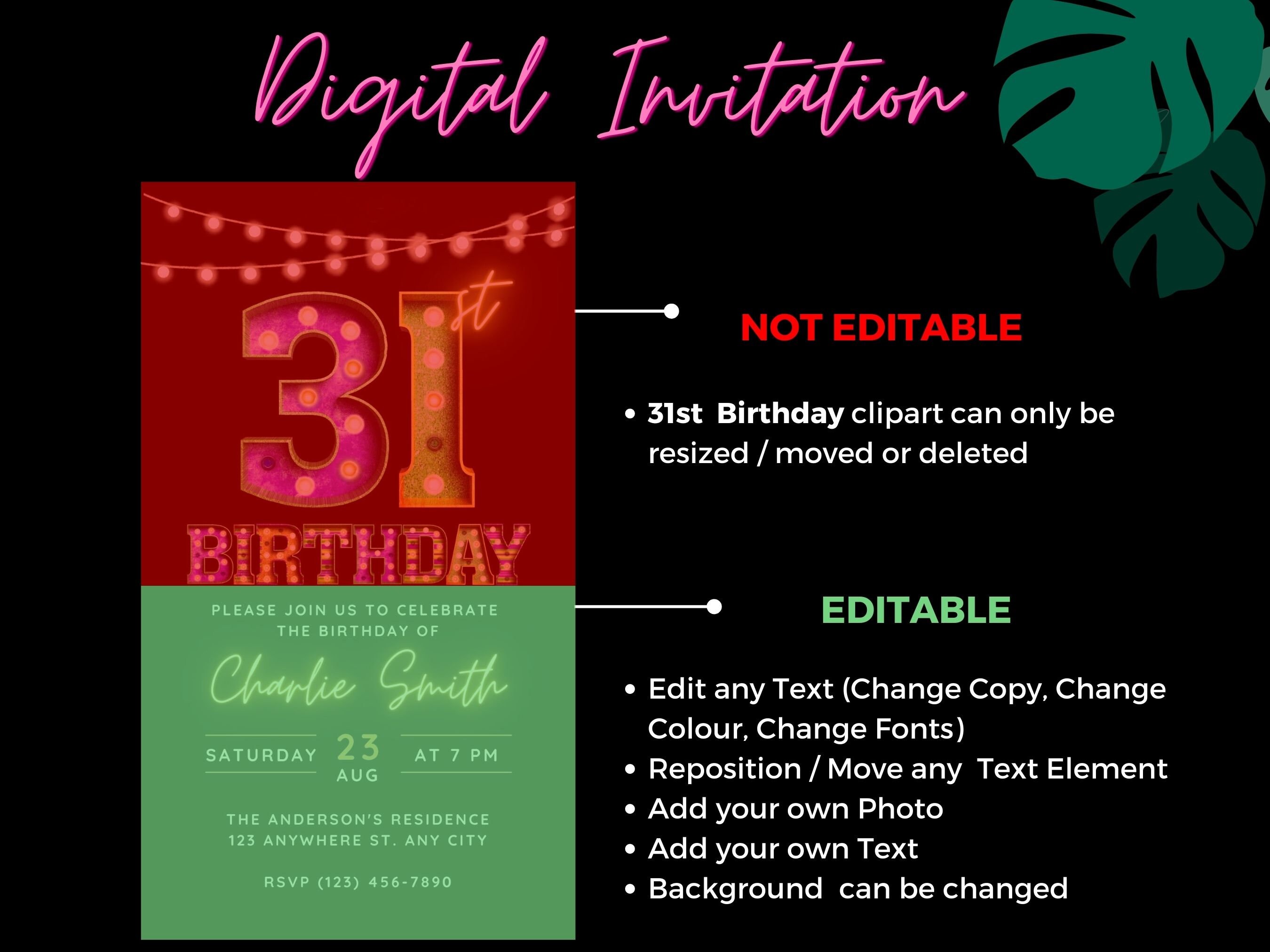 Editable 31st Birthday Invitation Template Digital Invite for Her, 31st ...