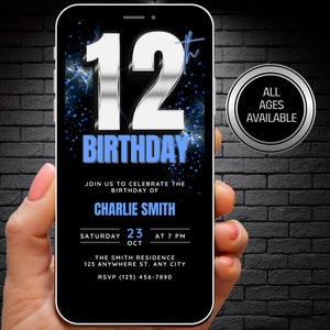 Invitación de cumpleaños número 12 para niños, invitación animada a fiesta de cumpleaños 12 en azul plateado, plantilla de Canva digital autoeditable doce días simple Evite
