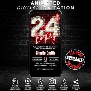 Invitación en video digital para fiesta de cumpleaños número 24 para él o ella, plantilla de invitación de cumpleaños editable de Jordan 24 en rojo neón, folleto animado de WhatsApp