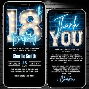 Modèle d’invitation du 18e anniversaire à télécharger pour garçon, invitation du 18e anniversaire, carte de remerciement d’invitation modifiable amusante rétro 18e fête numérique Evite