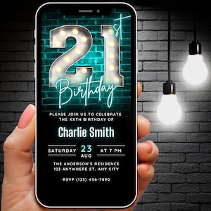 Modèle d’invitation du 21e anniversaire à télécharger pour hommes femmes, invitation du 21e anniversaire, 21e fête Digital Evite Ecard modifiable Neon Green Invite