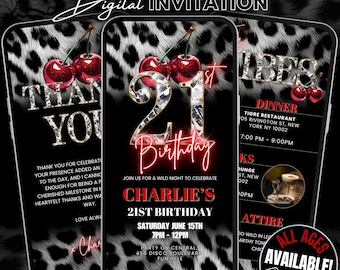 21st Leopard Print Birthday Invitation & Vibes Cheetah Print Evite, Animated Red Cherry Party Flyer, Adult Birthday Dinner and Drinks Invite