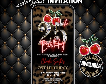 25th Cheetah Print Birthday Invitation, Leopard Jungle Glam Evite, Animated Red Cherry Party Flyer, Adult Birthday Dinner & Drinks Invite