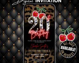 20th Cheetah Print Birthday Invitation, Leopard Jungle Glam Evite, Animated Red Cherry Party Flyer, Adult Birthday Dinner & Drinks Invite