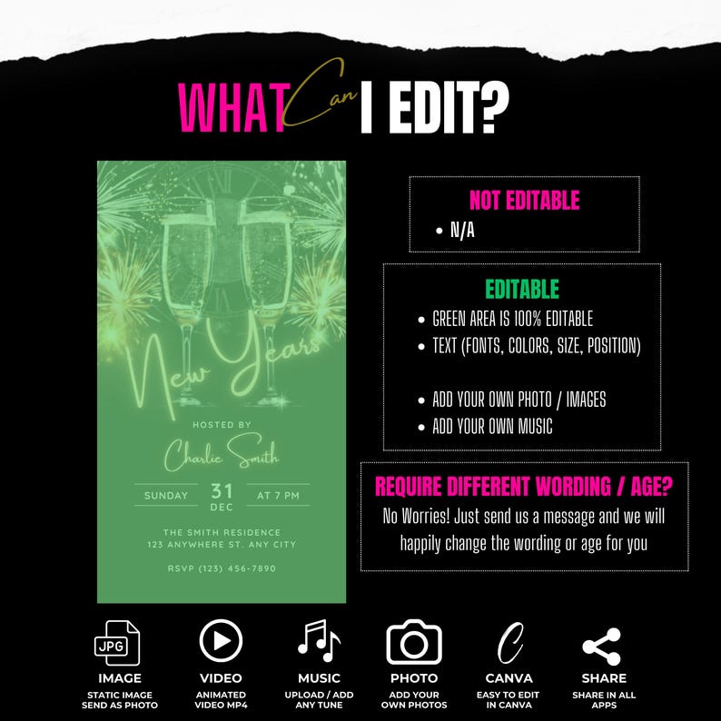 May include: A green and black digital invitation for a New Year's Eve party. The invitation features a green background with a picture of two champagne glasses and fireworks. The text on the invitation reads "New Years" and "Hosted by Charlie Smith". The date and time of the party are listed as "Sunday, December 31st at 7 PM". The location of the party is listed as "The Smith Residence, 123 Anywhere St., Any City". The RSVP number is (123) 456-7890.