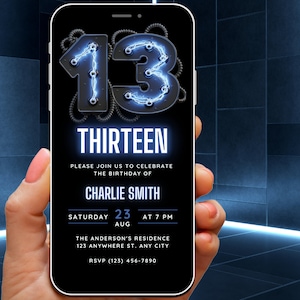 13th Birthday Invite Digital Template, 13th Birthday Invitation for boy, Blue Neon Gaming Evite, Sci Fi Futuristic 13 th Bday Party Evite