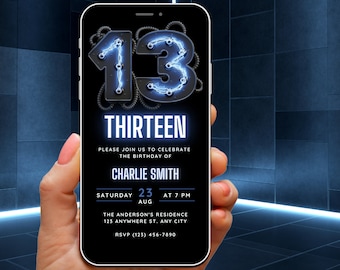 13th Birthday Invite Digital Template, 13th Birthday Invitation for boy, Blue Neon Gaming Evite, Sci Fi Futuristic 13 th Bday Party Evite