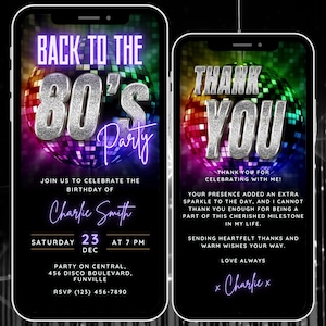 Modèle d'invitation à une fête animée des années 80, invitation vidéo modifiable pour anniversaire disco des années 80, carte virtuelle de remerciement et d'invitation pour téléphone portable