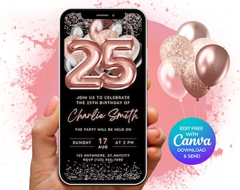25th Birthday Party Invitation, Rose Gold Birthday Invitation for her, Digital DIY Template, Editable 25th Birthday Invite, Email Invitation