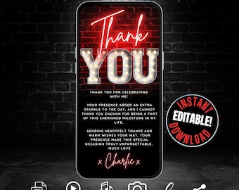 Tarjeta de agradecimiento digital, plantilla de tarjeta electrónica de agradecimiento editable, nota de agradecimiento de cumpleaños, tarjeta electrónica virtual de agradecimiento por texto