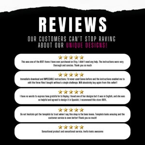 Pu&ograve; includere: Uno sfondo bianco con testo nero che recita "REVIEWS" in un carattere grande. Sotto il testo, si legge "OUR CUSTOMERS CAN'T STOP RAVING ABOUT OUR UNIQUE DESIGNS!" in un carattere pi&ugrave; piccolo. Cinque recensioni dei clienti sono visualizzate in caselle bianche con stelle dorate. Ogni recensione &egrave; positiva e loda i prodotti e il servizio clienti del venditore.