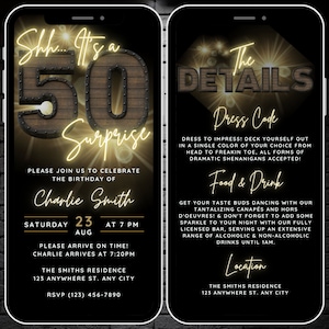 50th Surprise Birthday Party Invitation for Men, Digital Surprise 50th Birthday Invite for Him, Black & Gold Fifty Evite with Details Page