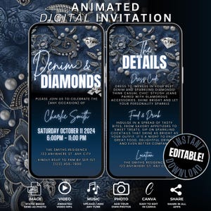Digital Denim & Diamonds Invitation Itinerary Template, Self Edit Animated Country and Western Cowgirl Themed Birthday Dinner Party Invite.