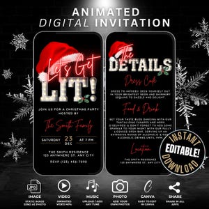 Animated Lets Get Lit Christmas Party Video Invitation with Details, Red Neon Self Edit Christmas Drinks Invitation Flyer Template Evite