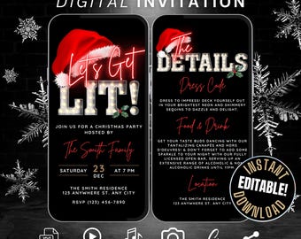 Puede incluir: Una invitación digital para una fiesta de Navidad con un gorro de Papá Noel rojo y el texto "Let's Get Lit!" a la izquierda y "The Details" a la derecha. La invitación incluye la fecha, la hora, la ubicación y el código de vestimenta. El texto "Instant Editable Download" está en un círculo rojo en el lado derecho de la imagen.