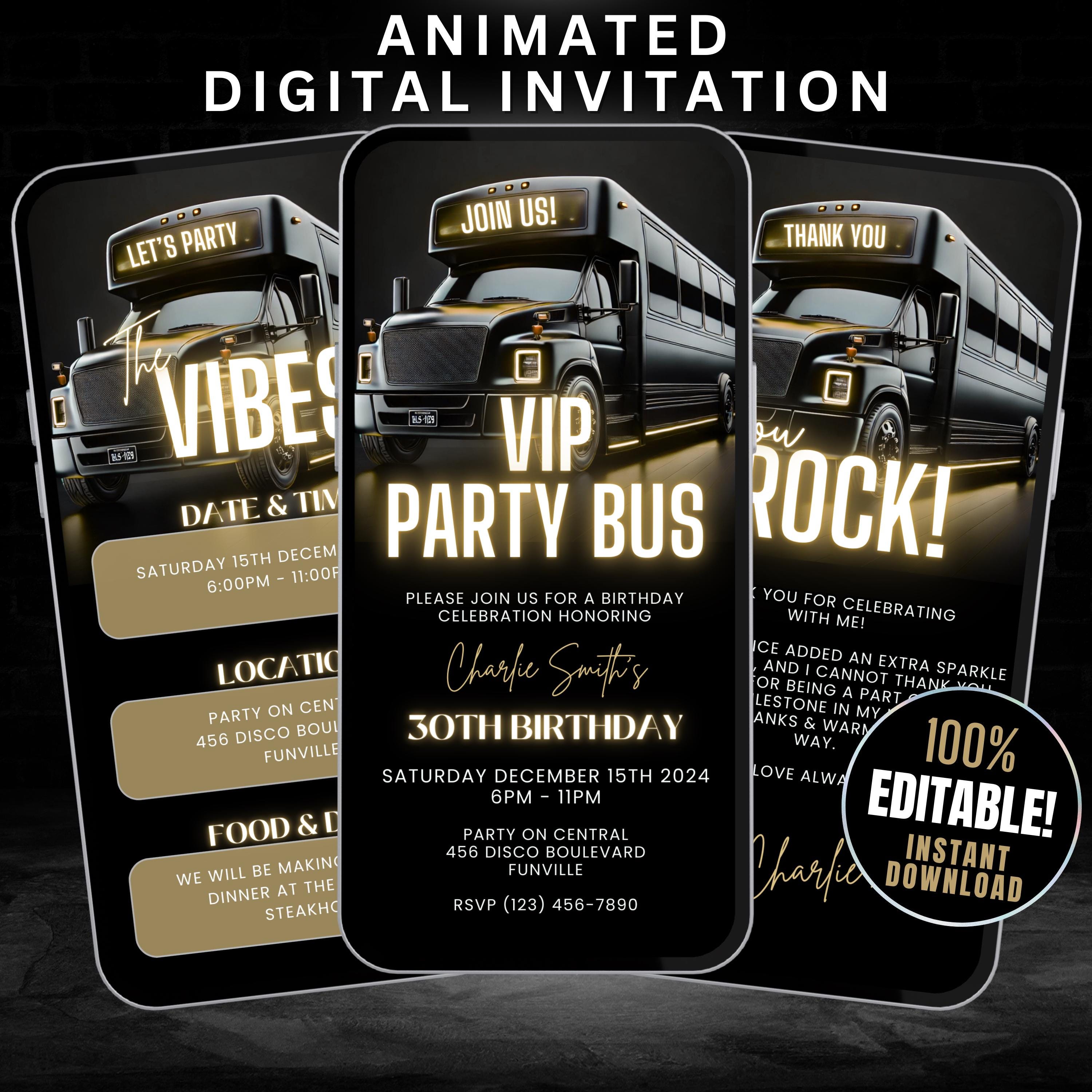 Digital VIP Party Bus Birthday Invitation Itinerary Template, Self Edit Limo Party Invitation, Birthday Party Bus Invite, Party Bus Evite