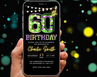 Invitación de cumpleaños número 60 Plantilla de invitación digital para él para ella 60 Groovy Mardi Gras Summer Party Marquee Lights Festival Text eCard Evite